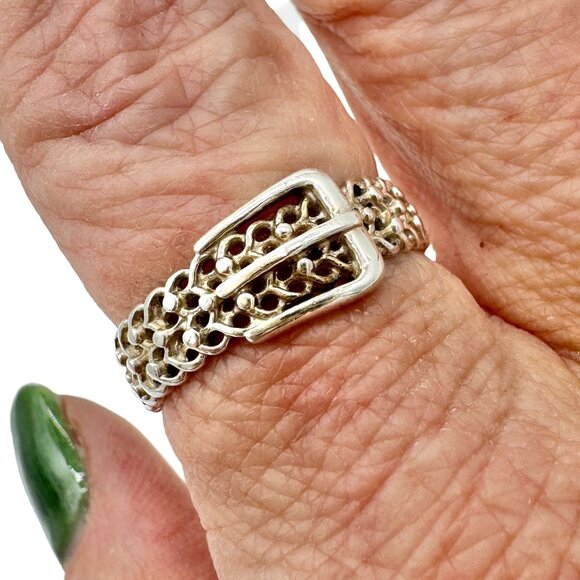 Vintage Sterling Silver 925 Buckle Design Ring Size 10 Unique Chain Style NV40 - Picture 2 of 10